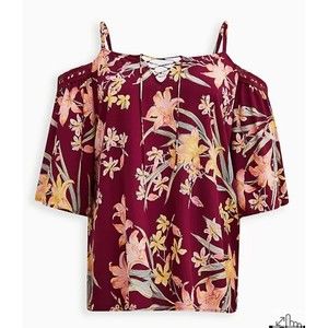 Torrid Challis Crochet Trim Cold Lace Up Shoulder Top Floral Purple Size 3 NWT
